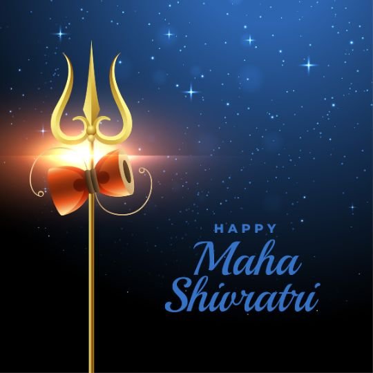 Golden Trishul with Damru glowing against a starry blue night sky with 'Happy Maha Shivratri' text, symbolizing the divine energy of Lord Shiva.