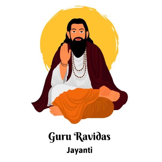 Illustration of Guru Ravidas sitting in a meditative pose with a raised hand in blessing, adorned with traditional attire and jewelry, with a golden halo behind him. Below the image, the text reads 'Guru Ravidas Jayanti'.