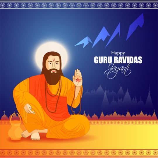Illustration of Guru Ravidas sitting in a meditative pose with a halo around his head, wearing orange and red robes, holding a blessing gesture with 'ॐ' (Om) inscribed on his palm. The background features a blue gradient with mountain silhouettes and temple outlines. The text 'Happy Guru Ravidas Jayanti' is displayed on the right side in decorative white and blue fonts.