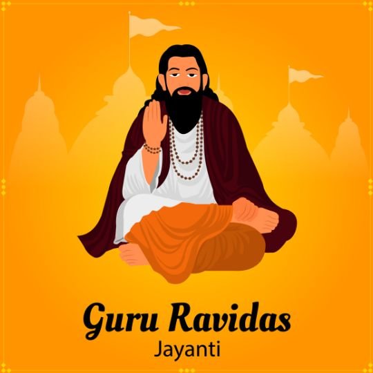 Illustration of Guru Ravidas sitting in a meditative posture with a raised hand in blessing. He is adorned in traditional attire with beads around his neck. The background is golden with temple silhouettes and flags. The text 'Guru Ravidas Jayanti' is written below.