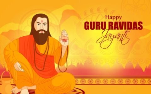 Illustration of Guru Ravidas seated in a meditative posture with a bright yellow and orange background. He is depicted wearing traditional attire, holding up a hand with a sacred symbol, and adorned with prayer beads. The text 'Happy Guru Ravidas Jayanti' is displayed on the right side in decorative font.