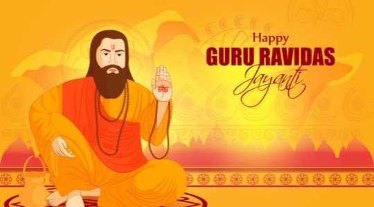 Illustration of Guru Ravidas seated in a meditative posture with a bright yellow and orange background. He is depicted wearing traditional attire, holding up a hand with a sacred symbol, and adorned with prayer beads. The text 'Happy Guru Ravidas Jayanti' is displayed on the right side in decorative font.