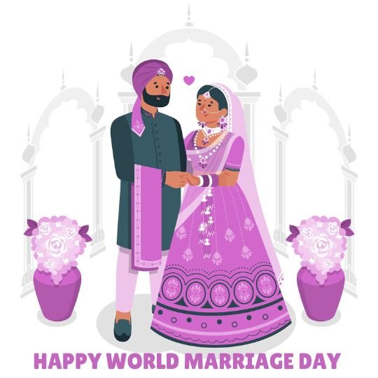 Illustration of an Indian bride and groom in traditional wedding attire, standing together and holding hands. The groom is wearing a dark green sherwani with a pink turban and stole, while the bride is dressed in a pink and purple lehenga with intricate embroidery, a matching veil, and jewelry. The background features white Mughal-style arches, and two large vases with pink and white flowers. The text at the bottom reads 'HAPPY WORLD MARRIAGE DAY' in bold pink letters.