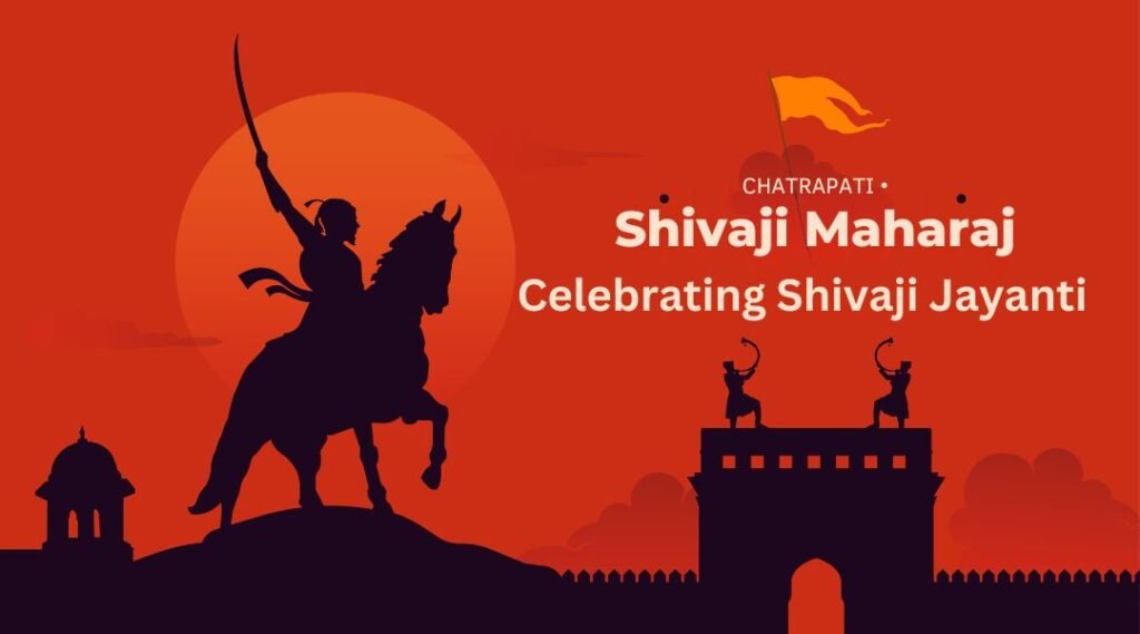 This image is a vibrant poster celebrating Shivaji Jayanti, featuring the silhouette of Chatrapati Shivaji Maharaj mounted on a horse against a rich orange background. The scene also includes architectural elements like a fort with flag-bearing sentinels, set under a large, stylized sun, enhancing the heroic and historical significance of the event.