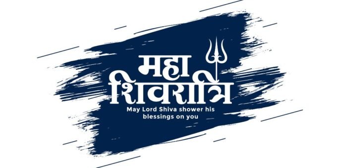 Maha Shivratri Blessings Greeting with Trishul Symbol | Asha Diaries Maha Shivratri Greeting Card with Hindi Text 'महा शिवरात्रि' and an English Message, 'may Lord Shiva Shower His Blessings on You,' Set Against a Dark Blue Abstract Brushstroke Background with a Trident (trishul) Symbol.