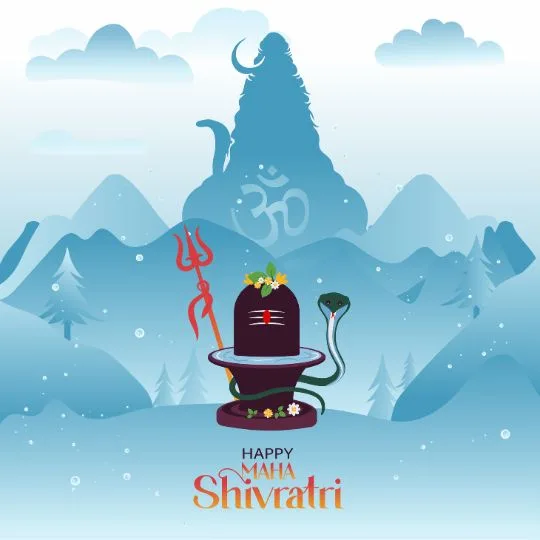 Maha Shivratri Spiritual Illustration - Shivling Trishul Lord Shiva Silhouette in Mystical Mountains | Asha Diaries Illustration of Maha Shivratri Celebration Featuring a Shivling with a Trishul, Snake, and Flowers, Set Against a Backdrop of Lord Shiva’s Silhouette in the Mountains with the Om Symbol. Snowy and Serene Spiritual Atmosphere.