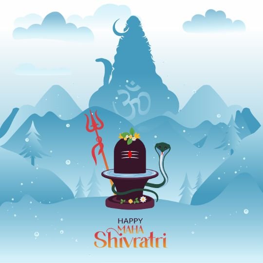 Illustration of Maha Shivratri celebration featuring a Shivling with a Trishul, snake, and flowers, set against a backdrop of Lord Shiva’s silhouette in the mountains with the Om symbol. Snowy and serene spiritual atmosphere.