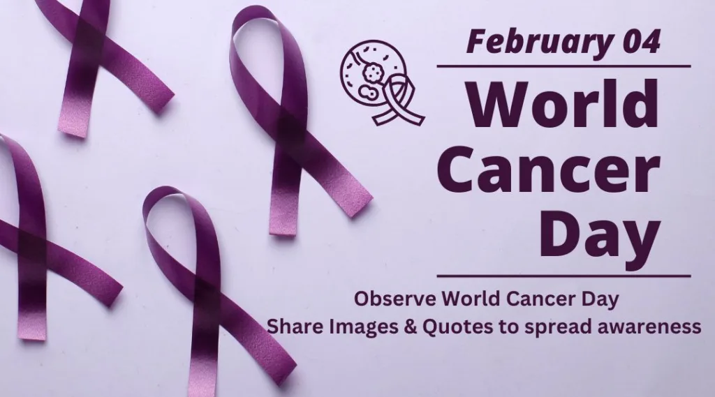 Raising Awareness on World Cancer Day: Share to Make a Difference | Asha Diaries This Image Features a Graphic for World Cancer Day on February 4th. It Showcases Several Purple Ribbons Scattered Across a Light Background, Symbolizing Awareness for Cancer. There's also text promoting the observation of World Cancer Day, encouraging the sharing of images and quotes to spread awareness. An emblem depicting a microscope with cells, which signifies scientific research into cancer, enhances the educational impact of the design.