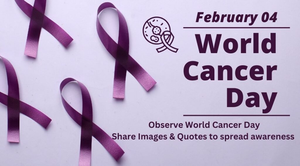 This image features a graphic for World Cancer Day on February 4th. It showcases several purple ribbons scattered across a light background, symbolizing awareness for cancer. There's also text promoting the observation of World Cancer Day, encouraging the sharing of images and quotes to spread awareness. An emblem depicting a microscope with cells, which signifies scientific research into cancer, enhances the educational impact of the design.