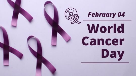 This image shows a design for World Cancer Day on February 4th, featuring multiple lavender ribbons laid out on a white background. The ribbons symbolize awareness for all cancers, and there's text that highlights the date, emphasizing the global recognition and commitment to cancer awareness and advocacy.