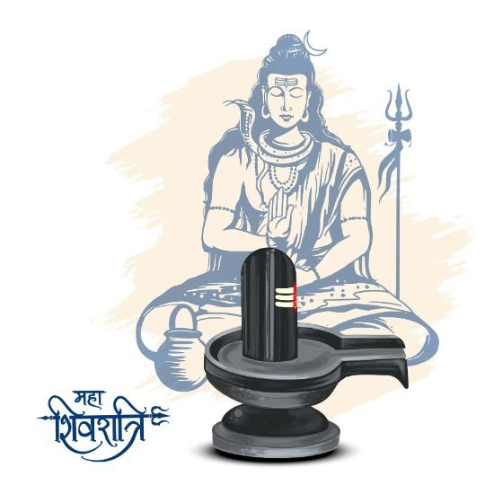 Shivling with Lord Shiva's meditative sketch in the background, featuring a Trishul and 'Maha Shivratri' text, symbolizing devotion and divine blessings on the sacred occasion.