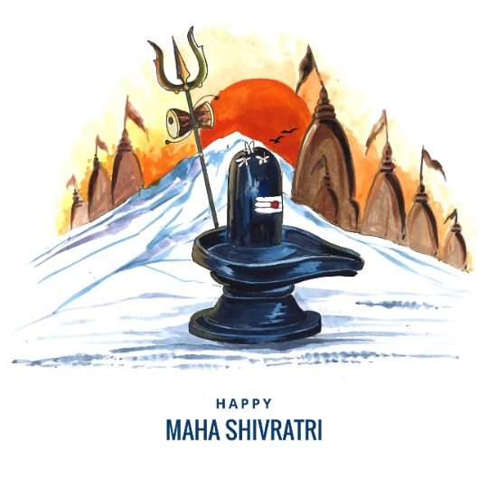 बर्फीली पहाड़ियों पर स्थित शिवलिंग, त्रिशूल और डमरू के साथ, पृष्ठभूमि में मंदिरों और उदय होते सूर्य के साथ, 'Happy Maha Shivratri' टेक्स्ट सहित शिव भक्ति का प्रतीक।