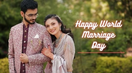 Happy couple celebrating World Marriage Day dressed in traditional attire in a garden setting.