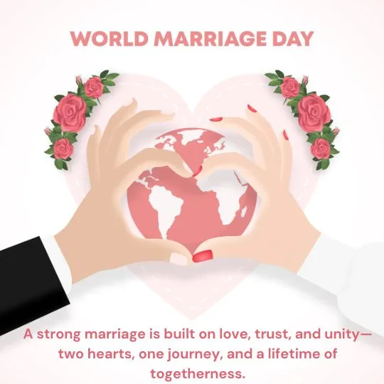 World Marriage Day - Celebrating Love Trust and Unity | Asha Diaries Illustration Celebrating World Marriage Day. Two Hands, One Wearing a Black Suit and the Other in a White Sleeve, Form a Heart Shape Around a Globe, Symbolizing Love and Unity. a Pink Heart Background with Rose Decorations Surrounds the Illustration. the Text Reads: 'World Marriage Day' and 'A strong marriage is built on love, trust, and unity—two hearts, one journey, and a lifetime of togetherness.'