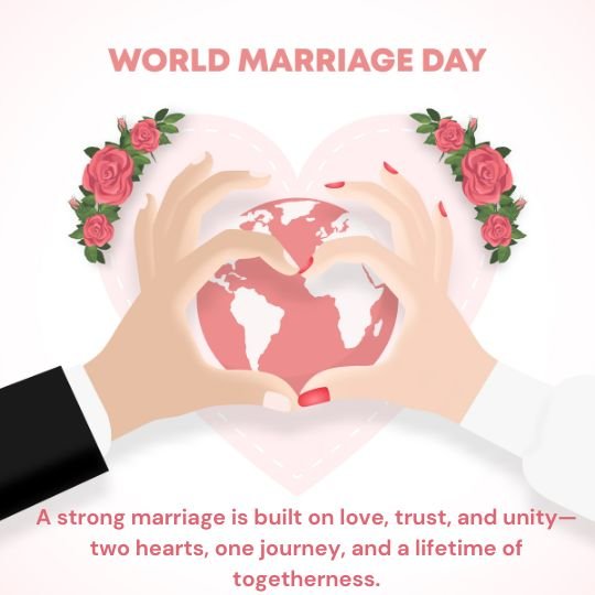 Illustration celebrating World Marriage Day. Two hands, one wearing a black suit and the other in a white sleeve, form a heart shape around a globe, symbolizing love and unity. A pink heart background with rose decorations surrounds the illustration. The text reads: 'World Marriage Day' and 'A strong marriage is built on love, trust, and unity—two hearts, one journey, and a lifetime of togetherness.'