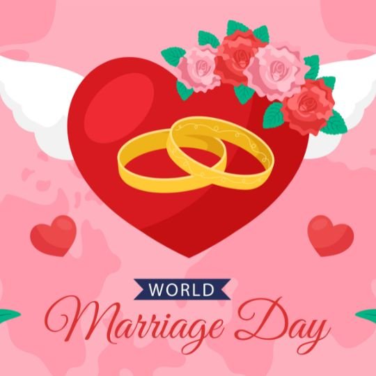 Illustration celebrating World Marriage Day, featuring a large red heart with golden wedding rings, pink and red roses, and angel wings against a pink background with floating hearts. The words 'World Marriage Day' are elegantly written in cursive and bold fonts.