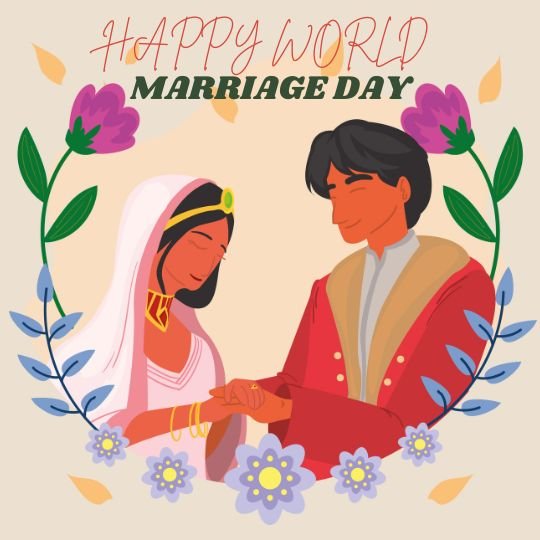 Illustration of a couple dressed in traditional wedding attire, holding hands and gazing at each other lovingly. The bride wears a white and pink outfit with gold jewelry and a veil, while the groom wears a red and gold jacket. Surrounding them is a floral wreath with purple and blue flowers. Above them, the text reads 'HAPPY WORLD MARRIAGE DAY' in decorative fonts.