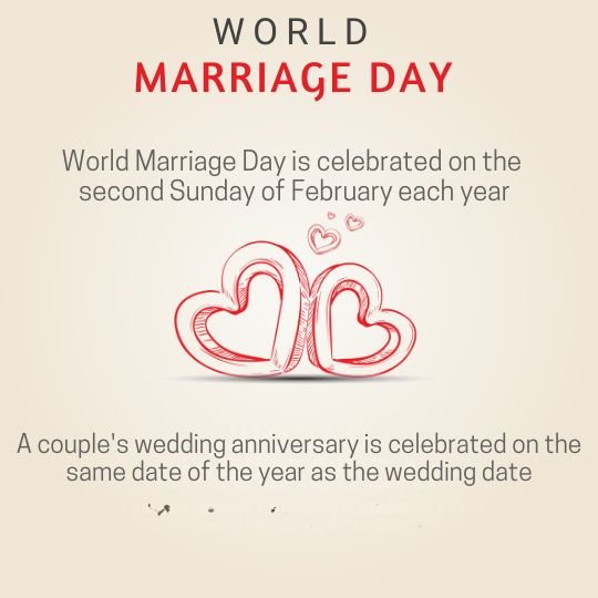 World Marriage Day poster with red heart illustrations. The text explains that World Marriage Day is celebrated on the second Sunday of February each year, while a couple's wedding anniversary is observed on the same date as their wedding day.