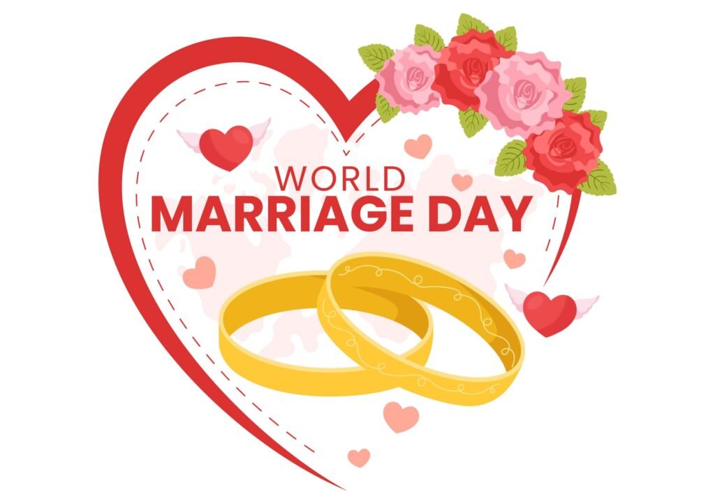 World Marriage Day celebration illustration with a heart-shaped design, two golden wedding rings, red roses, and floating hearts.