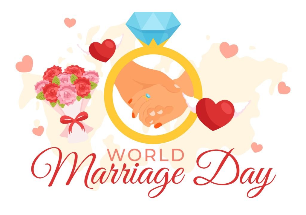 Illustration for World Marriage Day featuring two hands holding each other inside a golden ring with a blue diamond on top. The background includes red hearts, a bouquet of red and pink roses, and elegant cursive text that reads 'World Marriage Day'.