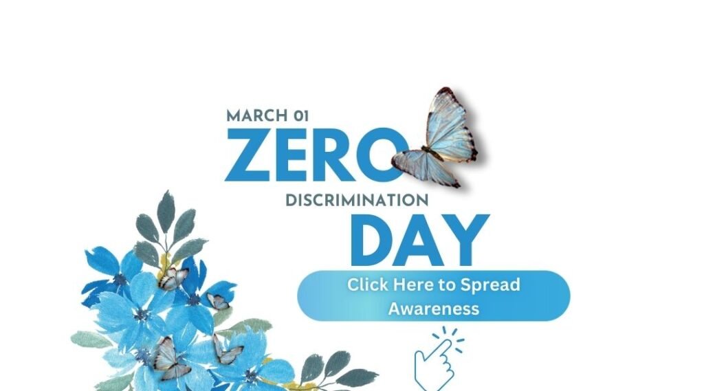 March 1 Zero Discrimination Day awareness banner with blue flowers and butterflies, promoting equality and inclusion.