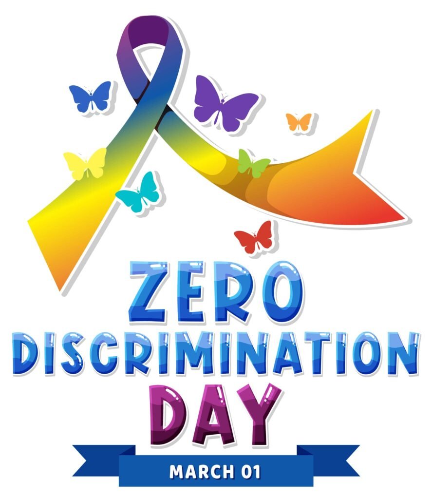 Zero Discrimination Day March 1 awareness ribbon with colorful butterflies – promoting equality, inclusion, and human rights.