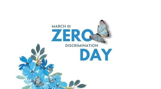 Zero Discrimination Day March 1 poster with blue butterflies and flowers, promoting equality and inclusivity