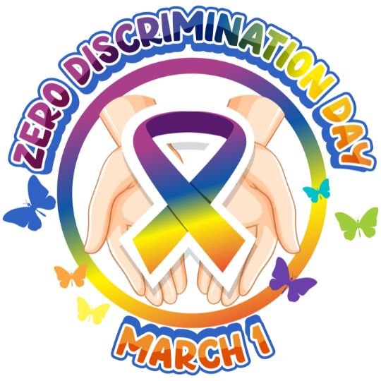 Zero Discrimination Day March 1 logo with a multicolored awareness ribbon, open hands, and butterflies, promoting equality and inclusion.