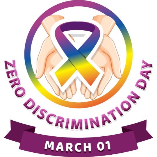 Zero Discrimination Day March 1 logo with colorful ribbon and hands symbolizing equality and inclusion.