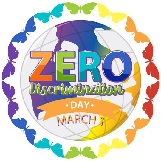 Zero Discrimination Day March 1 logo with a colorful globe and rainbow butterflies, promoting equality and inclusion.