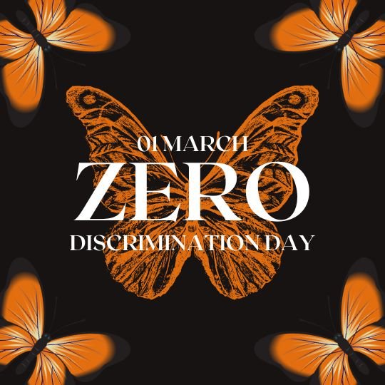 Zero Discrimination Day banner with orange butterfly on a black background, symbolizing equality and inclusion – March 1 awareness campaign.