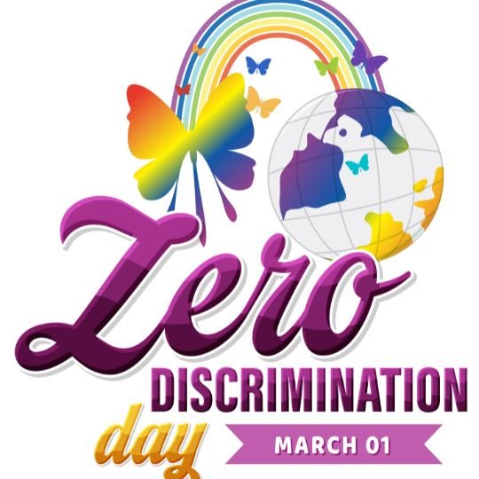 Zero Discrimination Day March 1 graphic with colorful butterfly, rainbow, and globe promoting equality and inclusivity.