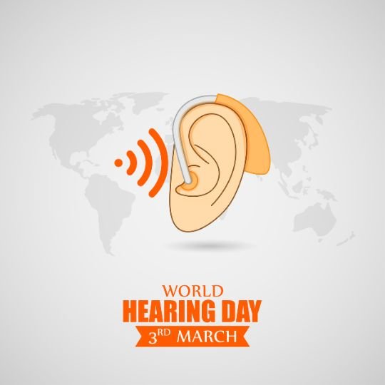 World Hearing Day 3rd March awareness illustration featuring an ear with a hearing aid and sound waves, symbolizing hearing health and accessibility.