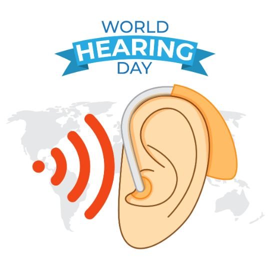 World Hearing Day illustration featuring an ear with a hearing aid and sound waves, raising awareness about hearing health and accessibility.