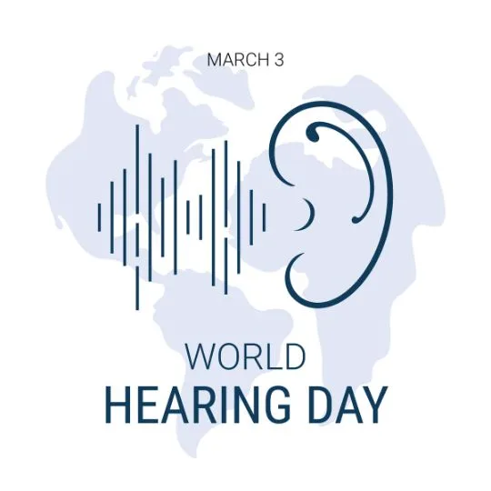 World Hearing Day March 3 - Awareness on Hearing Health Prevention | Asha Diaries World Hearing Day March 3 - Awareness Campaign About Hearing Health, Sound Waves, and Ear Illustration over a World Map Background.