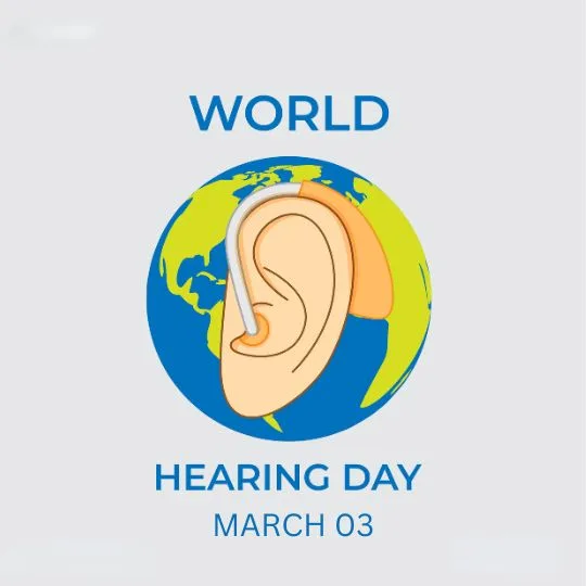 World Hearing Day March 3 - Hearing Health Awareness Illustration | Asha Diaries World Hearing Day March 3 Illustration with an Ear Wearing a Hearing Aid over a Globe, Promoting Hearing Health Awareness.