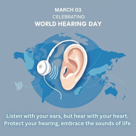 World Hearing Day March 3 awareness image featuring an ear with headphones against a global map background, promoting hearing protection and the importance of embracing sound.