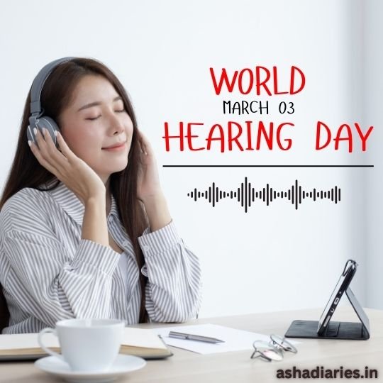 World Hearing Day March 3 - A young woman enjoying music through headphones, promoting hearing awareness and ear health.