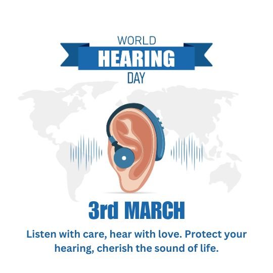 World Hearing Day 3rd March awareness poster with an ear wearing headphones, sound waves, and a message to protect hearing and cherish the sound of life.