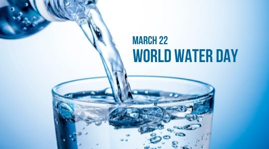 Glass of water being poured with text 'March 22 World Water Day' on a blue background.