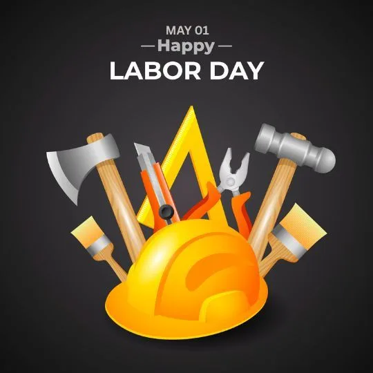 Happy Labor Day May 01 Worker Tools Tribute Banner | Asha Diaries Labor Day Celebration Image with Construction Tools and Safety Helmet on Black Background.