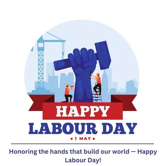 Happy Labour Day 2025 Tribute to Workers - 1 May Celebration Image | Asha Diaries Illustration of Happy Labour Day Celebration with Workers, a Giant Fist Holding a Hammer, and City Skyline Background, Symbolizing Worker Strength and Unity.