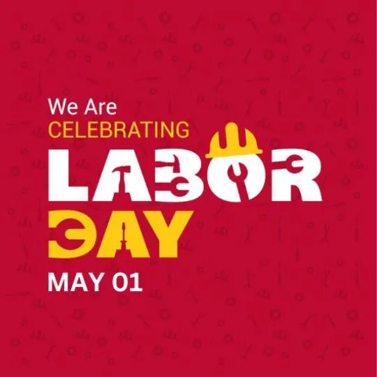 Labor Day Celebration Poster May 01 Tribute to Workers | Asha Diaries Labor Day May 1 Celebration Poster with Tools and Helmet Icons on Red Background
