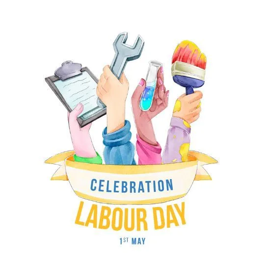 Labour Day 1st May Celebration Banner with Tools Illustration | Asha Diaries Labour Day Celebration Banner with Hands Holding Tools, Clipboard, Test Tube, and Paintbrush.