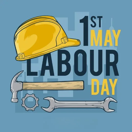 Labour Day 1st May Tribute with Tools and Helmet Workers Day Graphic | Asha Diaries Illustration of Labour Day with Yellow Helmet, Hammer, Wrench and Gear for 1st May Celebration.