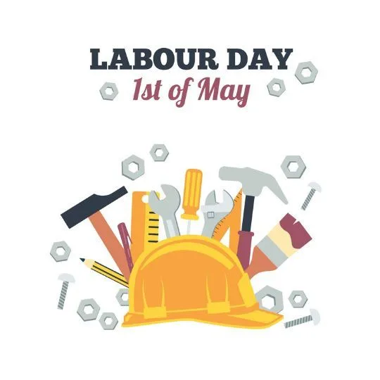 Labour Day 1st May Tribute with Tools and Helmet Illustration | Asha Diaries Labour Day 1st May Celebration Image with Yellow Helmet, Tools, and Nuts and Bolts.