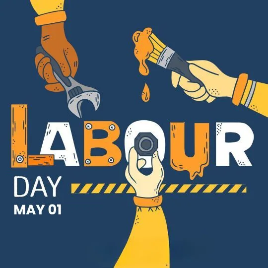 Labour Day May 1 Celebrating Workers and Their Tools | Asha Diaries Illustration of Labour Day Celebration with Hands Holding Tools, Paintbrush, and Gear on May 1.