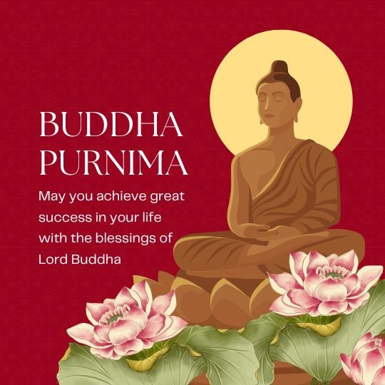 Illustrated Buddha Purnima greeting with meditating Lord Buddha, lotus flowers, and blessings message on red background.