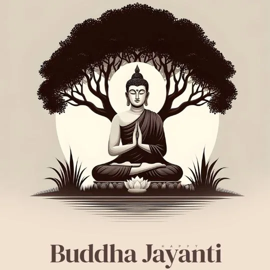 Happy Buddha Jayanti - Peaceful Meditation of Lord Buddha Under Bodhi Tree | Asha Diaries Lord Buddha Meditating Under Bodhi Tree with Folded Hands and Lotus Flower – Buddha Jayanti Celebration Artwork.