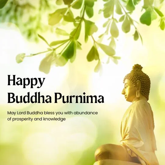 Happy Buddha Purnima Blessings with Buddha Statue and Bodhi Leaves | Asha Diaries Lord Buddha Statue Under Bodhi Tree with Happy Buddha Purnima Wishes and Blessings for Prosperity and Knowledge.